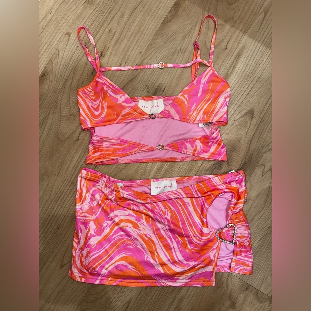 Vibrant Y2K Pink and Orange Swirl OPEN bling heart Skirt Set with matching top